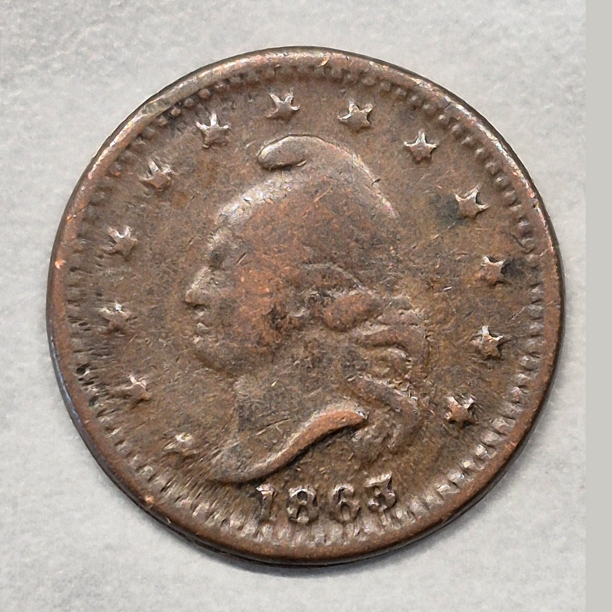 1863 Army & Navy Civil War Token Patriotic CWT Liberty Head 13 Stars VF Copper