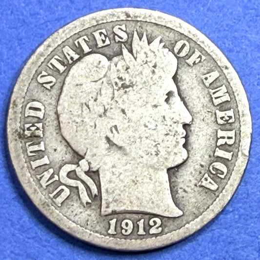 1912 Barber Dime 10C VG Very Good 90% Silver Philadelphia Liberty Head US Coin