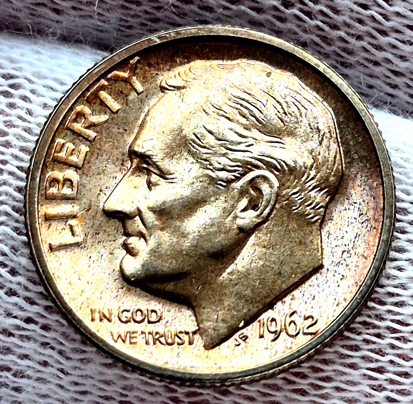 1962 Roosevelt PR 90% Silver Dime End Of BU OBW Roll Beautiful Rainbow Toning