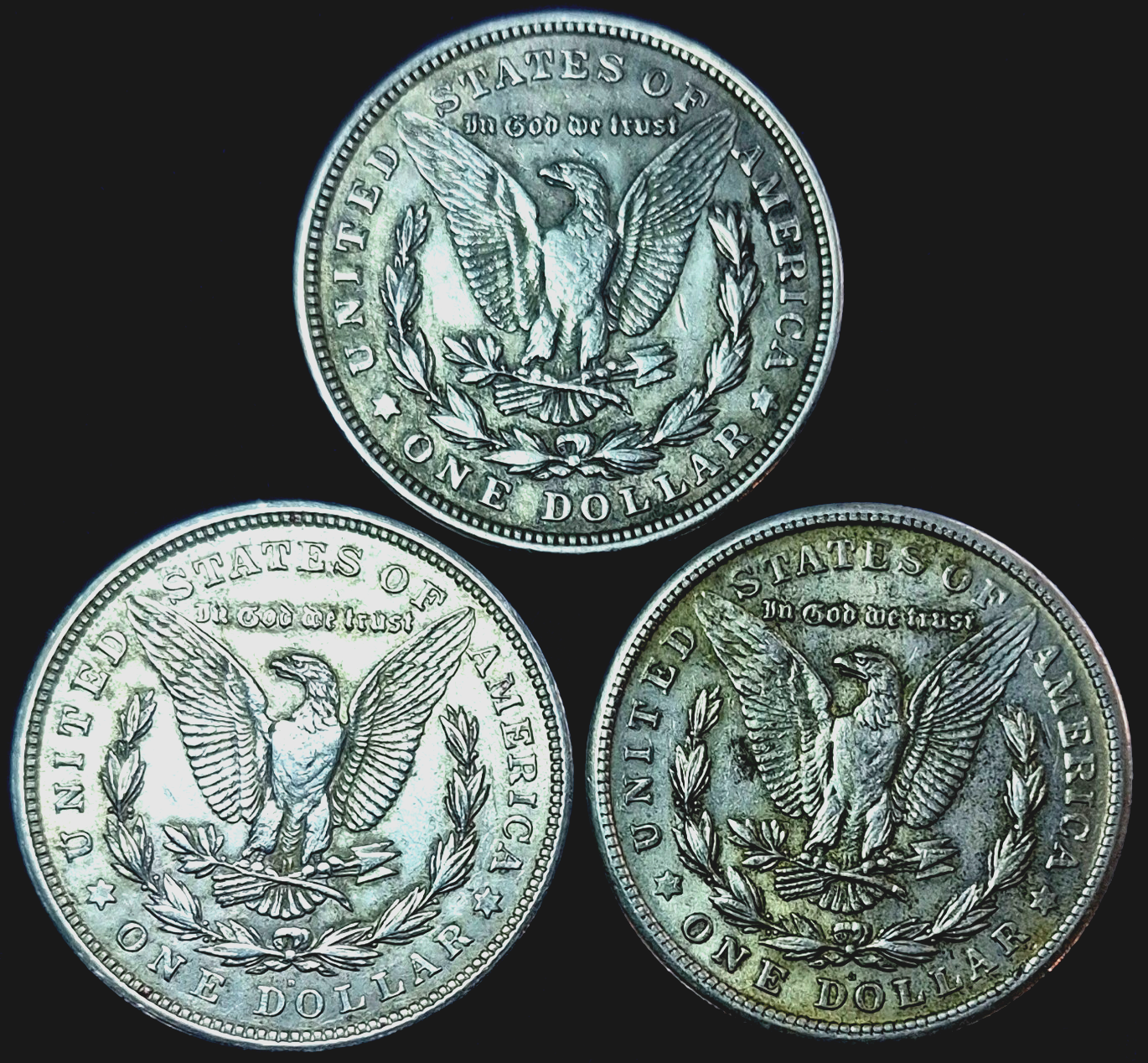 1921 Morgan Dollar PDS Set, 90% Silver, All With AU Circulated Features, (3) 1$