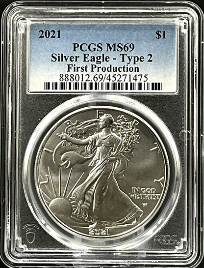 ✅  2021 American Silver Eagle Type 2 PCGS MS69 First Production Blue Label .999