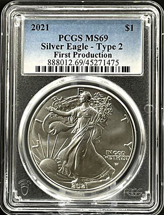 ✅  2021 American Silver Eagle Type 2 PCGS MS69 First Production Blue Label .999