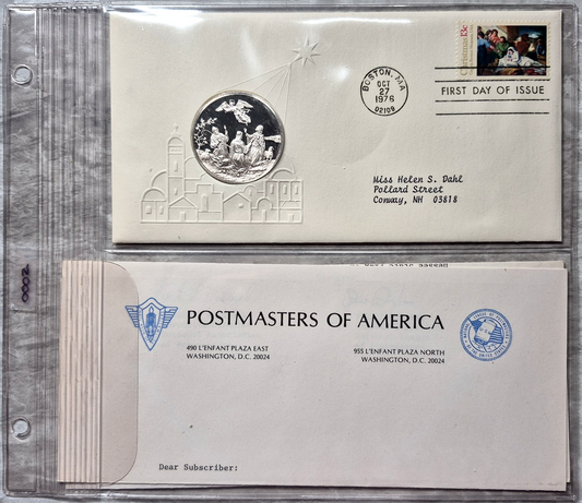 1976 Postmasters of America Christmas Nativity Sterling Silver Proof Medal FDC