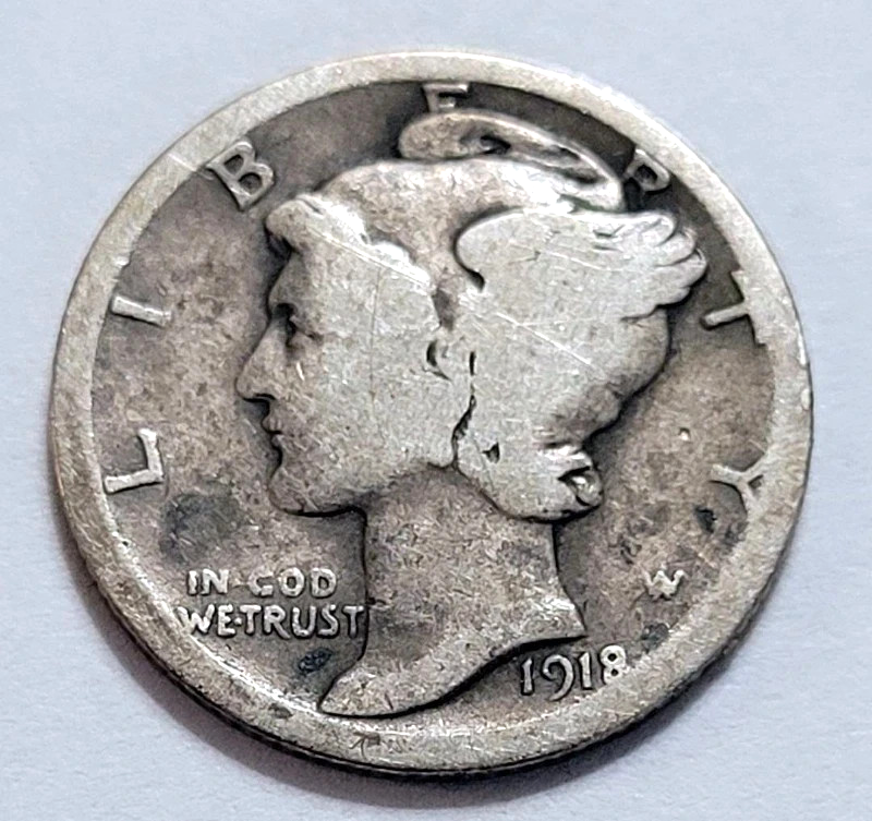1918-S Mercury 90% SILVER Dime G-VG+ (Good -V Good) Average Circulated Condition