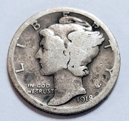1918-S Mercury 90% SILVER Dime G-VG+ (Good -V Good) Average Circulated Condition