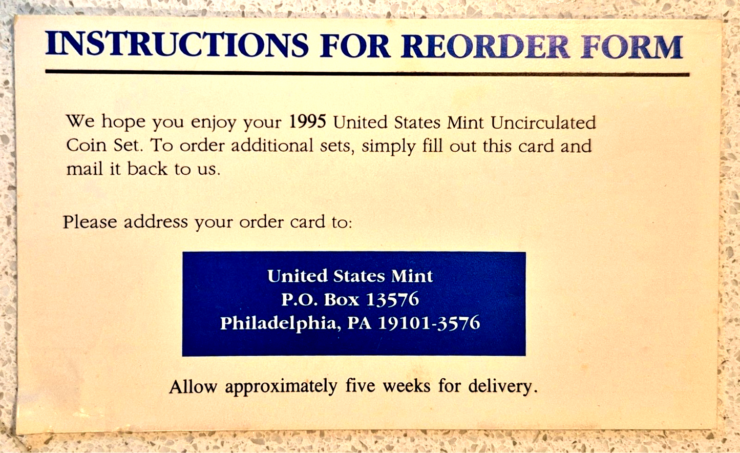 1995 P&D U.S Mint Set Uncirculated BU Coins OGP and Hard to Find Re-Order Card