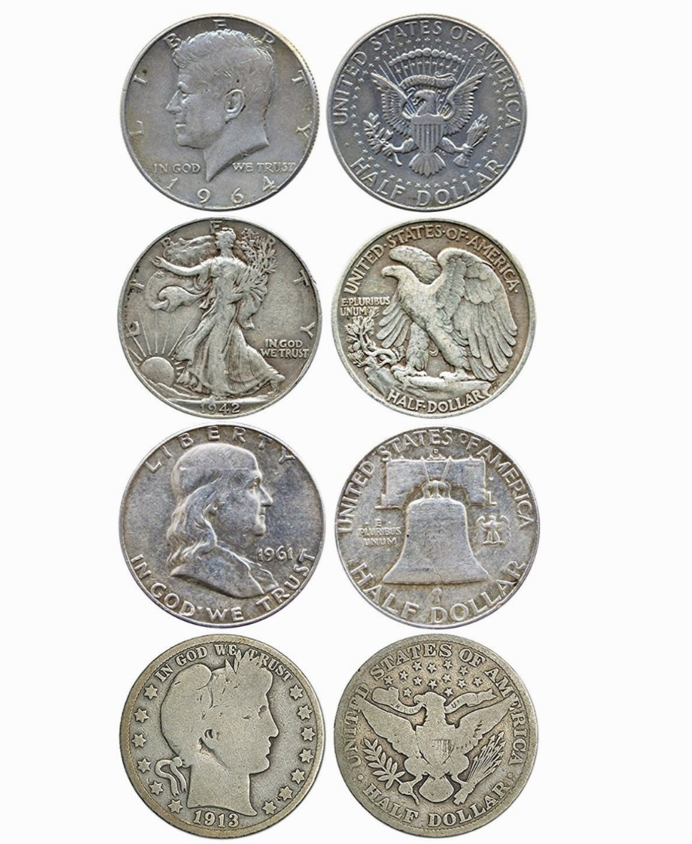 💰TYPE SET of {8} 90% SILVER Halves Walking Lib, Barber, JFK & Franklin $4 Face