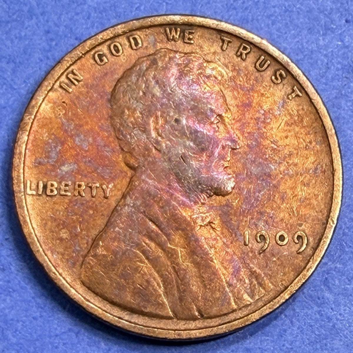 1909 Lincoln Wheat Cent 1C AU Monster Toner Rainbow First Year US Coin