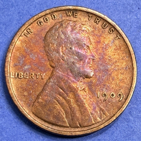 1909 Lincoln Wheat Cent 1C AU Monster Toner Rainbow First Year US Coin