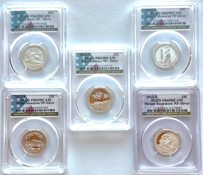 2013 S National Parks 5 Coin Silver Quarter Set PCGS PR69DCAM Special Flag Label