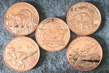 DINOSAUR SERIES (5) Coin Lot 1 oz. .999 AVDP COPPER ROUNDS "Wings & Flag" Backs