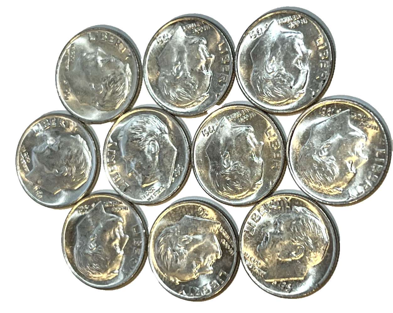 {10} 1961 Roosevelt Dimes 90% Silver BU Uncirculated Condition $1 Face Value