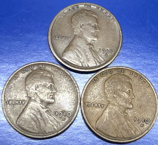 LOT of 3 ~ 1910 S Lincoln Wheat Cent G-VG SEMI-KEY DATE Low Mintage Coins 1378