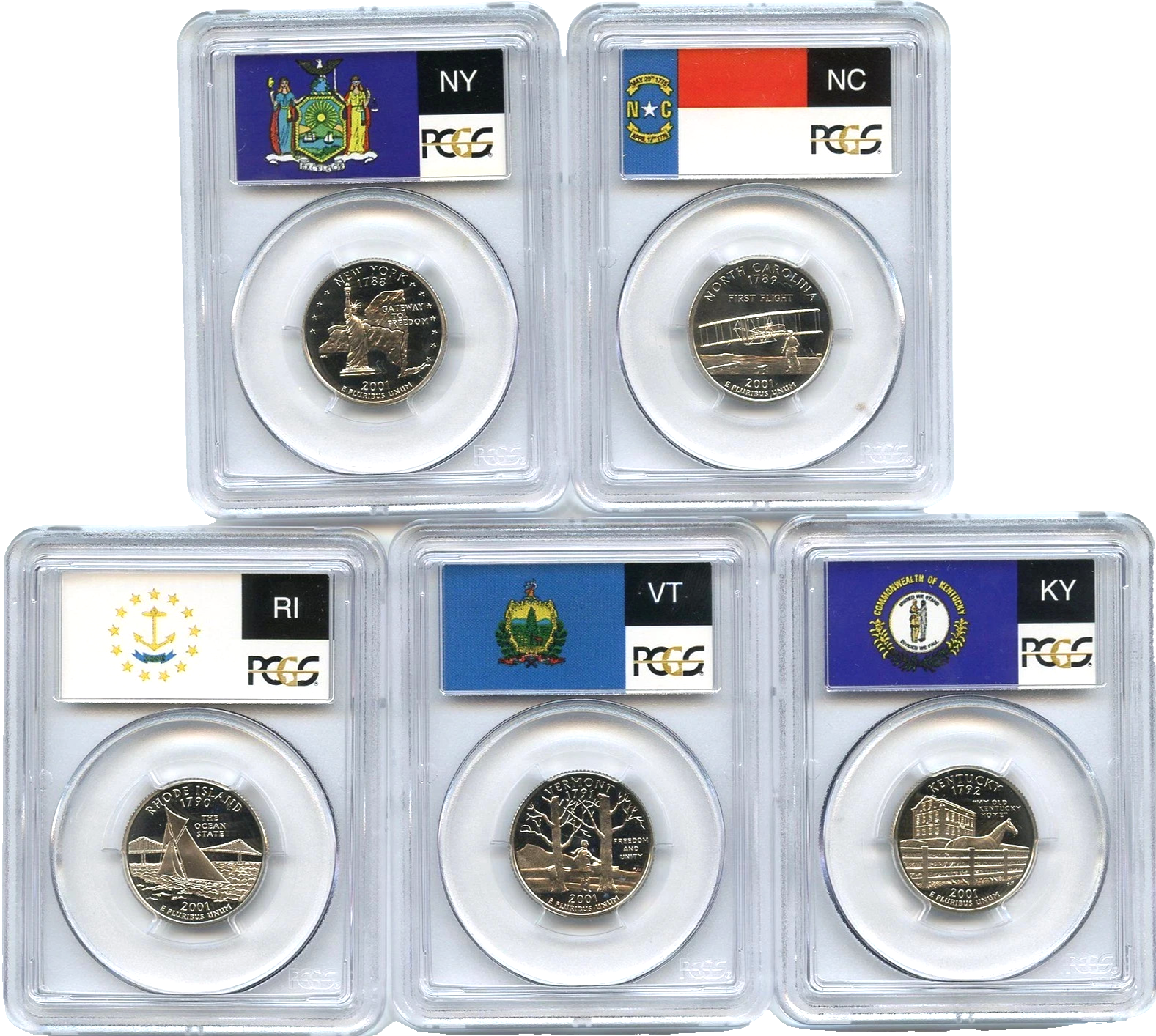 🔥 2001 S 5 Coin State Quarter Set PCGS PR69DCAM NY NC RI VT KY Flag Labels