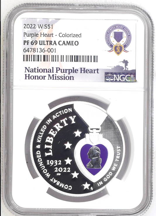 💜 2022W Colorized Purple Heart .999 Silver $1 Dollar NGC PF69 ULTRA CAMEO 💜