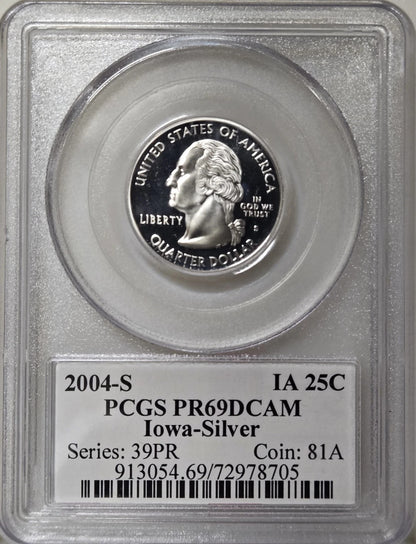 ✅ 2004-S Iowa 90% SILVER Washington Quarter ~PCGS PR69DCAM State Flag Label