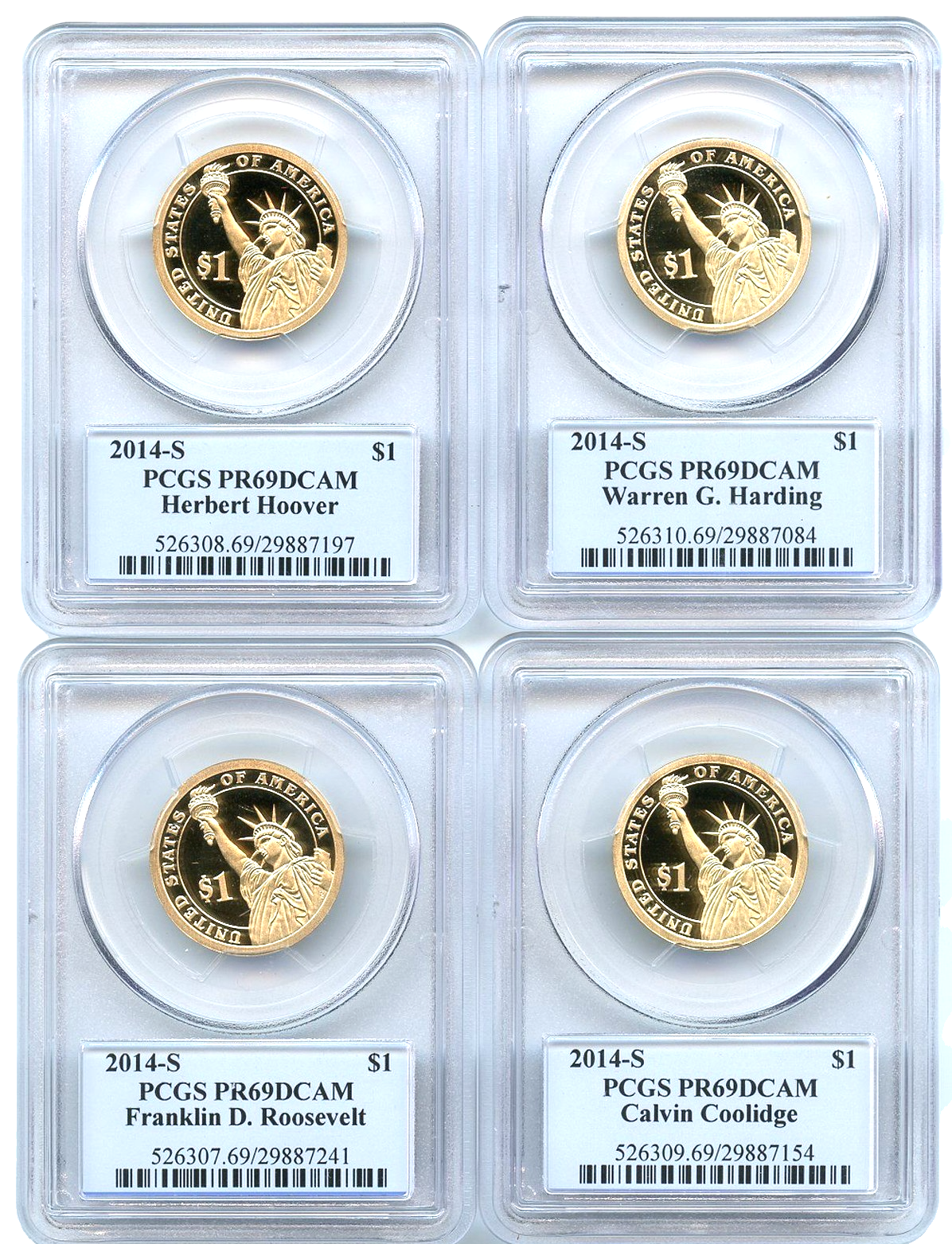 ✅ 2014 S Presidential Dollars 4 Coin Set PCGS PR69DCAM Roosevelt Hoover Harding