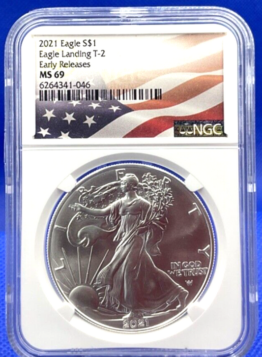 2021 NGC MS69 Eagle Landing Type 2 ER American Silver Eagle $1 Coin Flag Label