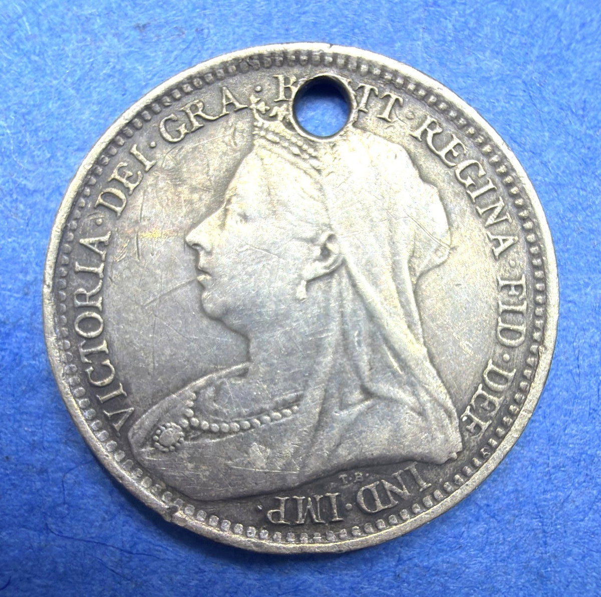 1893 Great Britain 3 Pence Silver Queen Victoria Veiled Head Holed Threepence