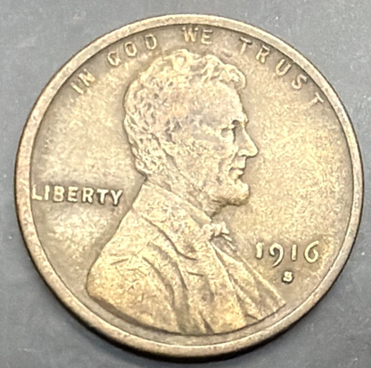 1916-S Lincoln Wheat Cent Extra Fine - About Uncirculated (XF-AU) 1c Actual Coin