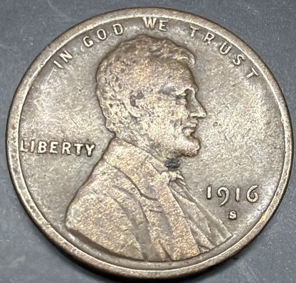 1916-S Lincoln Wheat Cent Extra Fine - About Uncirculated (XF-AU) 1c Actual Coin