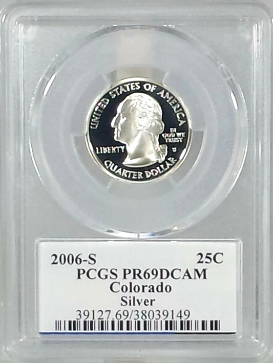 ✅ 2006-S Colorado 90% SILVER Washington Quarter ~ PCGS PR69DCAM State Flag Label