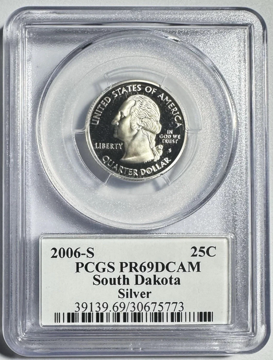 ✅ 2006-S  South Dakota 90% SILVER Quarter ~ PCGS PR69DCAM State Flag Label