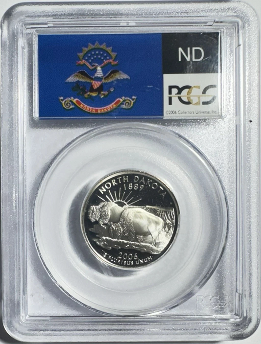 ✅ 2006-S  North Dakota 90% SILVER Quarter ~ PCGS PR69DCAM State Flag Label