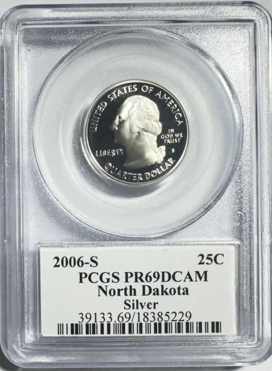 ✅ 2006-S  North Dakota 90% SILVER Quarter ~ PCGS PR69DCAM State Flag Label