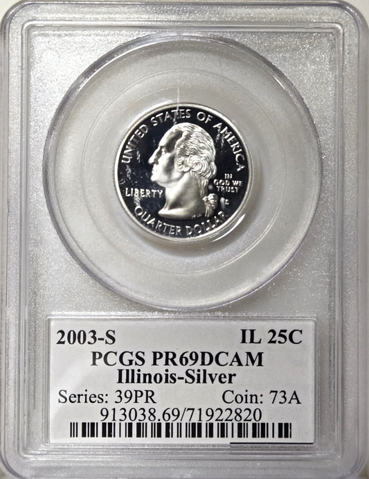 ✅ 2003-S Illinois 90% SILVER Washington Quarter ~ PCGS PR69DCAM State Flag Label