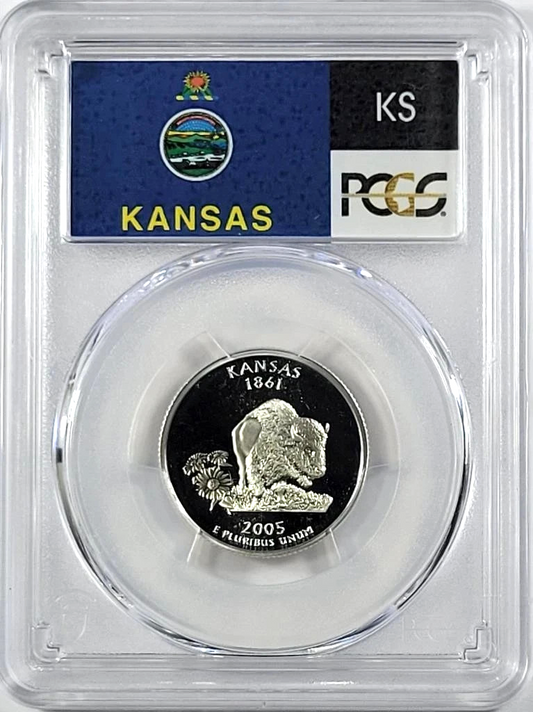✅ 2005-S Kansas 90% SILVER Washington Quarter ~ PCGS PR69DCAM State Flag Label
