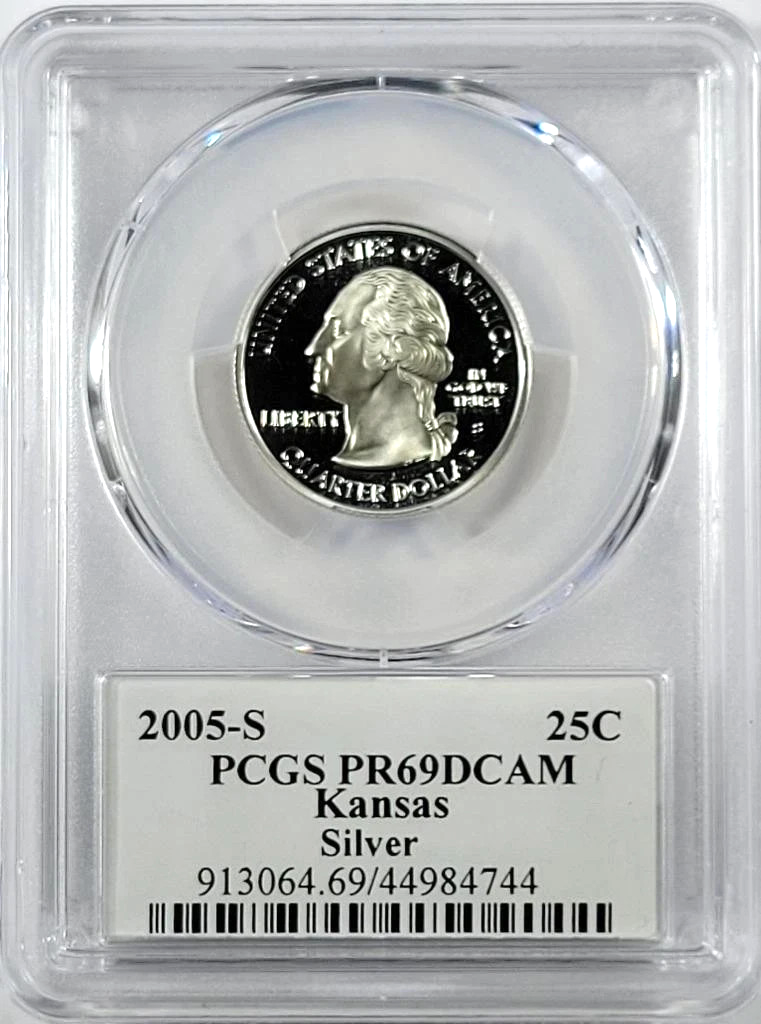 ✅ 2005-S Kansas 90% SILVER Washington Quarter ~ PCGS PR69DCAM State Flag Label