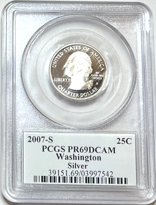 ✅ 2007-S Washington 90% SILVER Washington Quarter ~ PCGS PR69DCAM State Flag