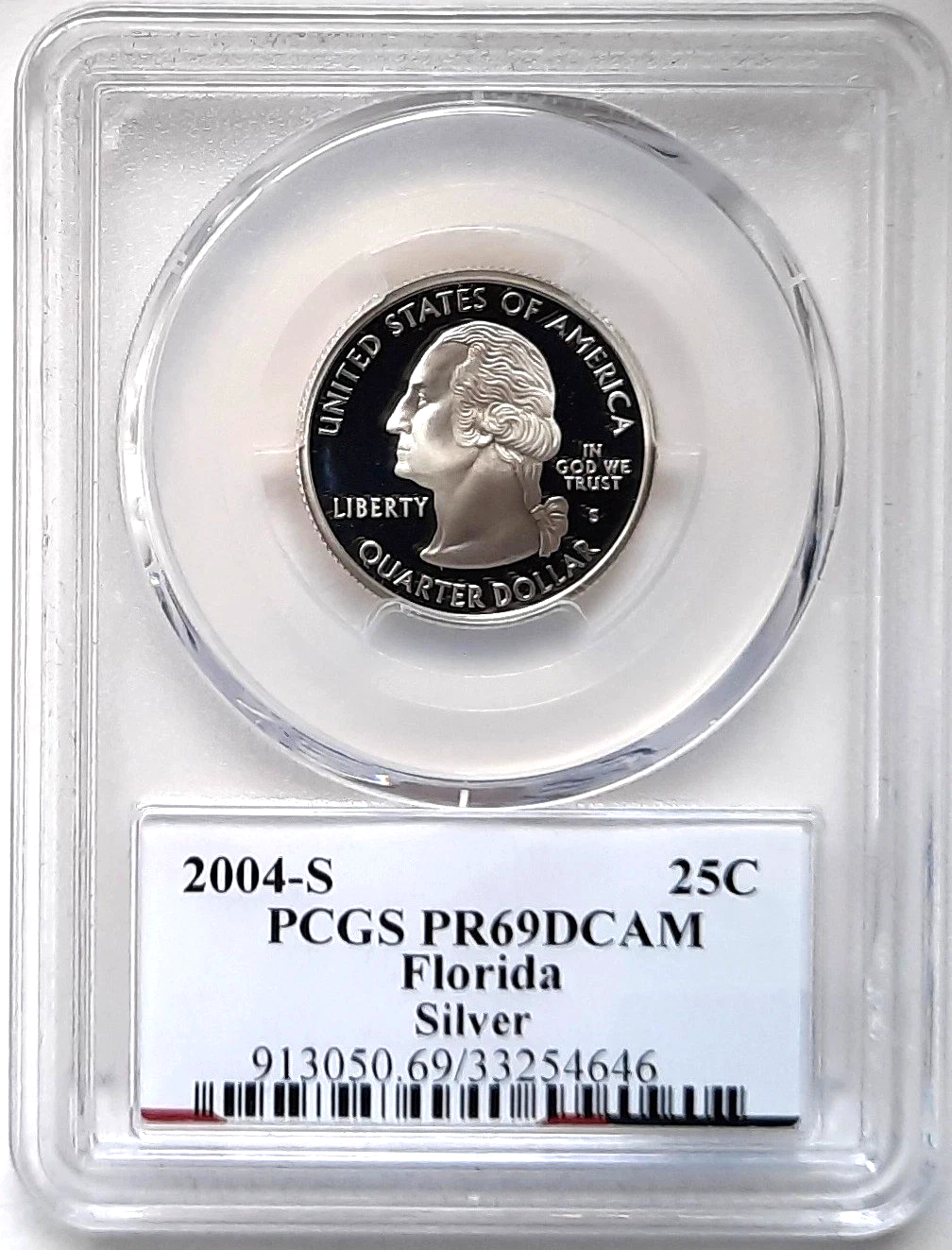 ✅ 2004-S Florida 90% SILVER Washington Quarter ~ PCGS PR69DCAM State Flag Label