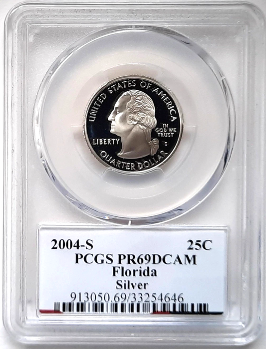 ✅ 2004-S Florida 90% SILVER Washington Quarter ~ PCGS PR69DCAM State Flag Label