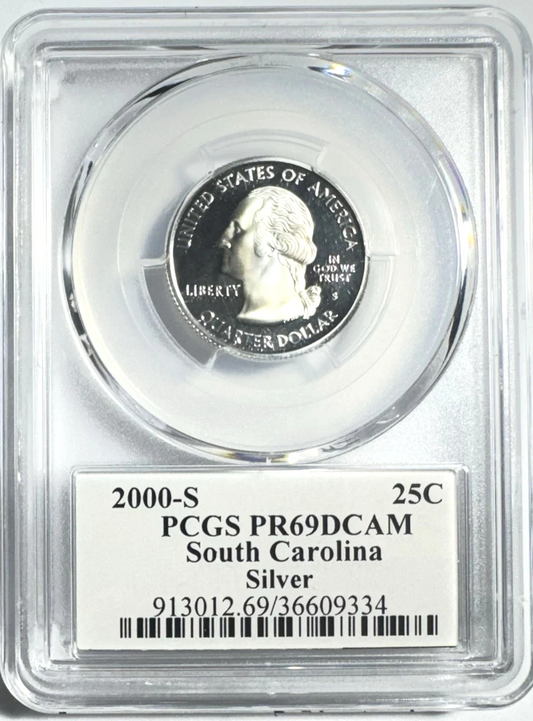 ✅ 2000-S South Carolina 90% SILVER Washington Quarter ~ PCGS PR69DCAM State Flag