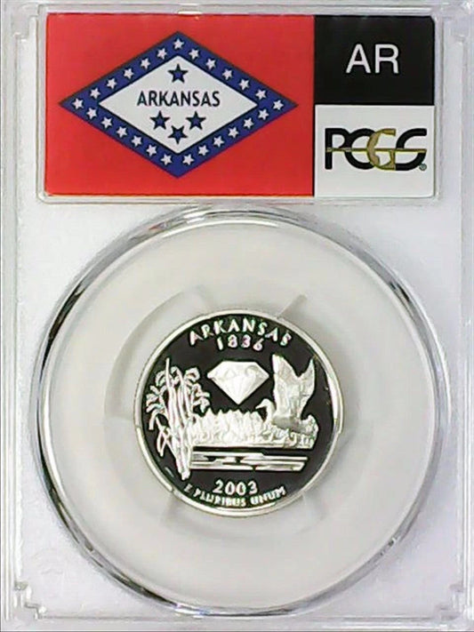 ✅ 2003-S Arkansas 90% SILVER Washington Quarter ~PCGS PR69DCAM State Flag Label