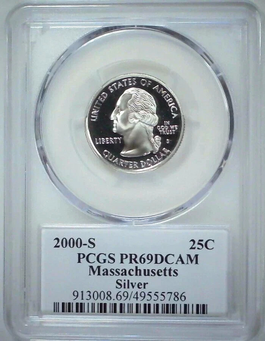 ✅ 2000-S Massachusetts 90% SILVER Washington Quarter ~PCGS PR69DCAM State Flag
