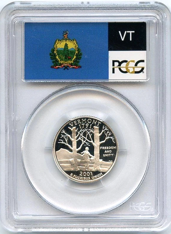 ✅ 2001-S Vermont 90% SILVER Washington Quarter ~ PCGS PR69DCAM State Flag Label