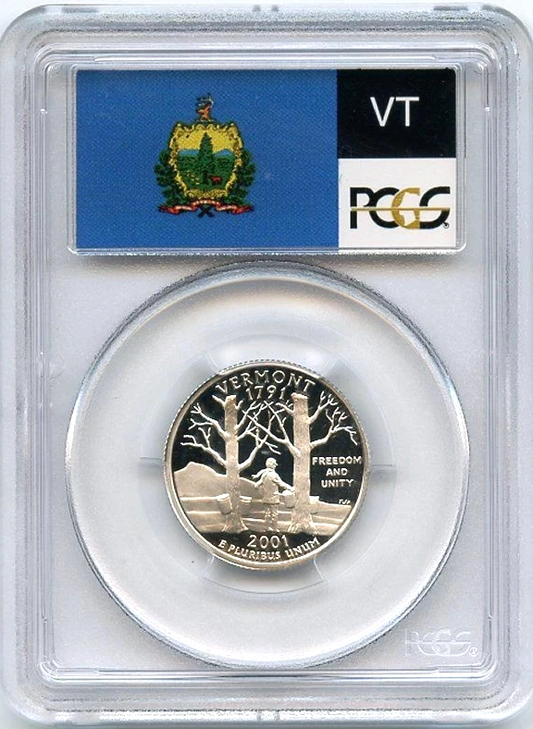 ✅ 2001-S Vermont 90% SILVER Washington Quarter ~ PCGS PR69DCAM State Flag Label