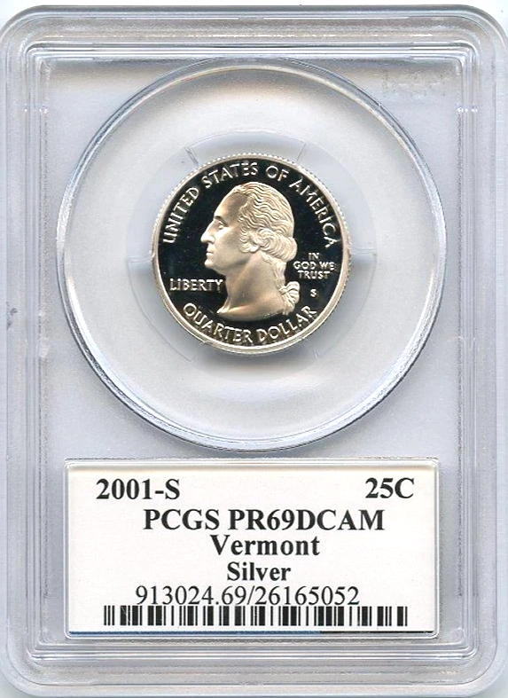 ✅ 2001-S Vermont 90% SILVER Washington Quarter ~ PCGS PR69DCAM State Flag Label
