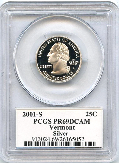 ✅ 2001-S Vermont 90% SILVER Washington Quarter ~ PCGS PR69DCAM State Flag Label