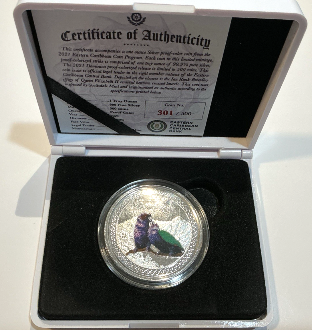 2021 Dominica $2 COLORIZED Sisserou Parrots 1 oz .999 PURE SILVER Proof, Box/COA