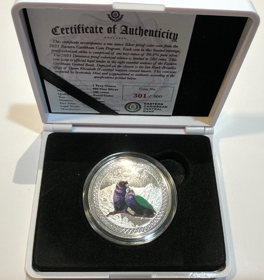 2021 Dominica $2 COLORIZED Sisserou Parrots 1 oz .999 PURE SILVER Proof, Box/COA