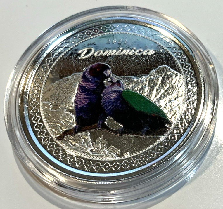 2021 Dominica $2 COLORIZED Sisserou Parrots 1 oz .999 PURE SILVER Proof, Box/COA