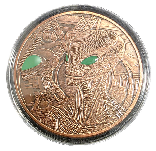Glow In The Dark (Spooky) ALIENS 5 oz Copper Round In Capsule Rocket Ship Planet