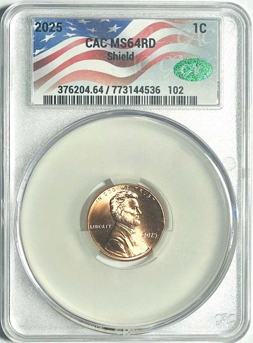 2025-P Lincoln Shield Cent CAC MS64 RD ‼️LAST YEAR OF THE PENNY‼️ USA Flag Label