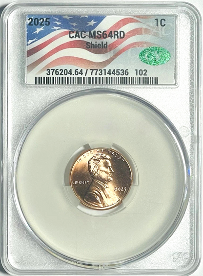 2025-P Lincoln Shield Cent CAC MS64 RD ‼️LAST YEAR OF THE PENNY‼️ USA Flag Label