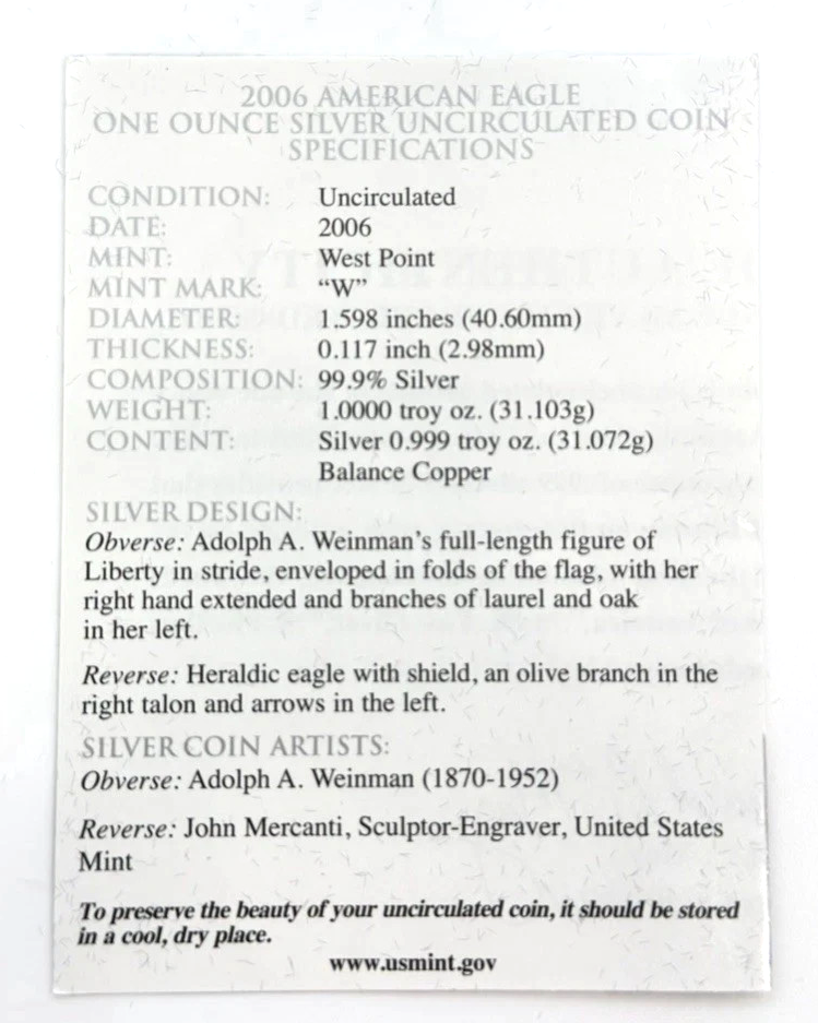 2006-W $1 American Silver Eagle ASE WEST POINT w/OGP & COA Uncirculated .999 ozt