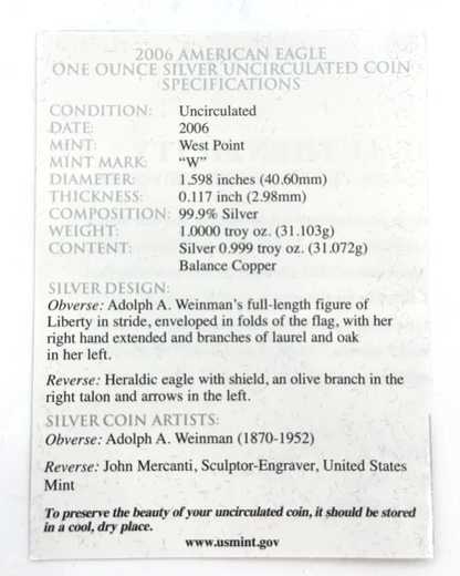 2006-W $1 American Silver Eagle ASE WEST POINT w/OGP & COA Uncirculated .999 ozt
